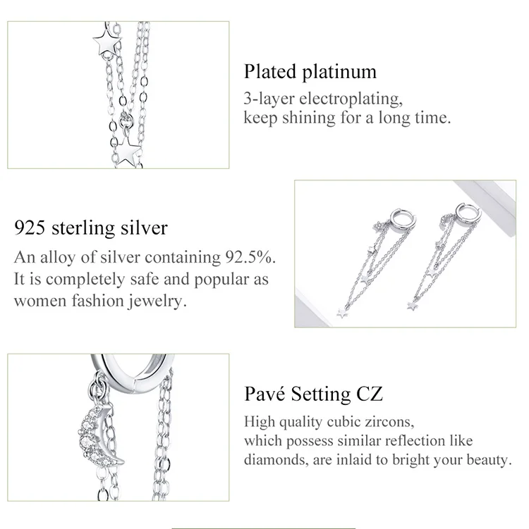 WOSTU-pendientes colgantes con borlas de estrellas y luna para mujer, de Plata de Ley 925, con eslabones de cadena larga de circón, joyería de plata Original CQE982 WOSTU-pendientes colgantes con borlas de estrellas y luna para mujer, de Plata de Ley 925, con eslabones de cadena larga de circón, joyería de plata Original CQE982