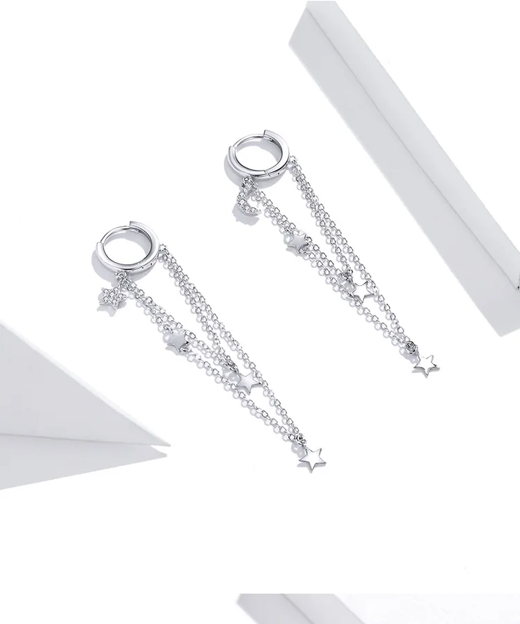 WOSTU-pendientes colgantes con borlas de estrellas y luna para mujer, de Plata de Ley 925, con eslabones de cadena larga de circón, joyería de plata Original CQE982 WOSTU-pendientes colgantes con borlas de estrellas y luna para mujer, de Plata de Ley 925, con eslabones de cadena larga de circón, joyería de plata Original CQE982