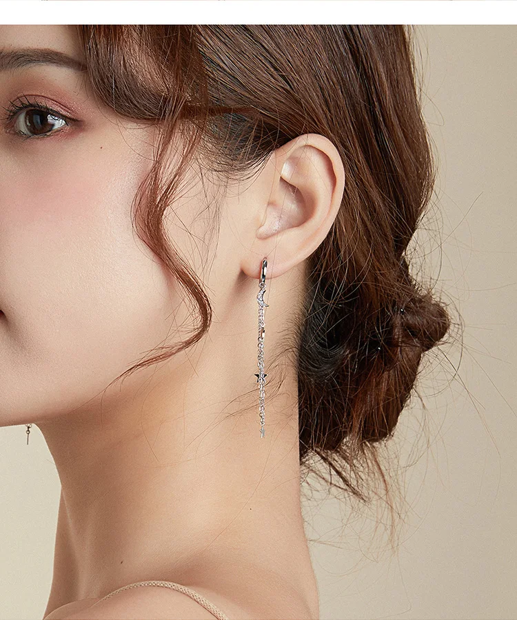WOSTU-pendientes colgantes con borlas de estrellas y luna para mujer, de Plata de Ley 925, con eslabones de cadena larga de circón, joyería de plata Original CQE982 WOSTU-pendientes colgantes con borlas de estrellas y luna para mujer, de Plata de Ley 925, con eslabones de cadena larga de circón, joyería de plata Original CQE982