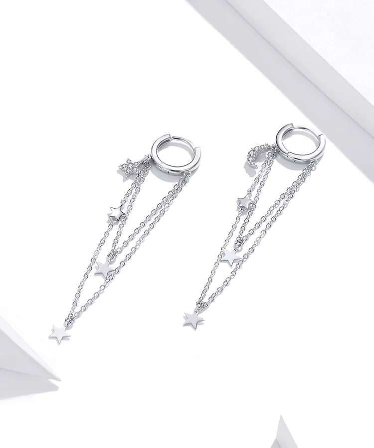 WOSTU-pendientes colgantes con borlas de estrellas y luna para mujer, de Plata de Ley 925, con eslabones de cadena larga de circón, joyería de plata Original CQE982 WOSTU-pendientes colgantes con borlas de estrellas y luna para mujer, de Plata de Ley 925, con eslabones de cadena larga de circón, joyería de plata Original CQE982