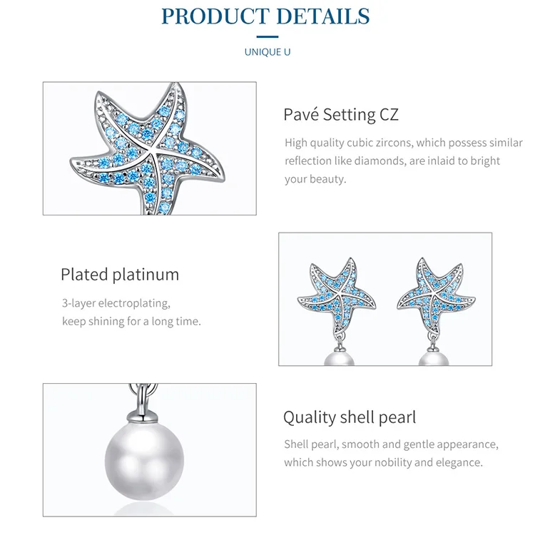WOSTU, pendientes de gota de Plata de Ley 925 con estrella de mar oceánica para mujer, pendientes de plata con circonita azul CZ, joyería CTE405 WOSTU, pendientes de gota de Plata de Ley 925 con estrella de mar oceánica para mujer, pendientes de plata con circonita azul CZ, joyería CTE405