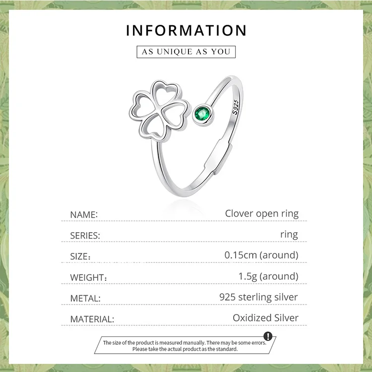 WOSTU 100% Plata de Ley 925 anillo abierto de trébol Simple planta de moda anillo de plata ajustable para mujer joyería fina que combina con todo regalo WOSTU 100% Plata de Ley 925 anillo abierto de trébol Simple planta de moda anillo de plata ajustable para mujer joyería fina que combina con todo regalo