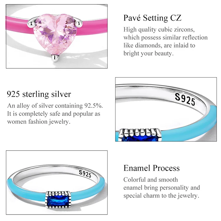 WOSTU 100% Plata de Ley 925 anillo de tamaño de circón de corazón rosa a la moda para mujer anillos de circonio azul fino joyería exquisita S925 WOSTU 100% Plata de Ley 925 anillo de tamaño de circón de corazón rosa a la moda para mujer anillos de circonio azul fino joyería exquisita S925
